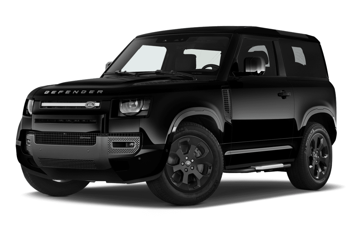 Tiefe, schräge Heckansicht eines Land Rover Defender, freigestellt