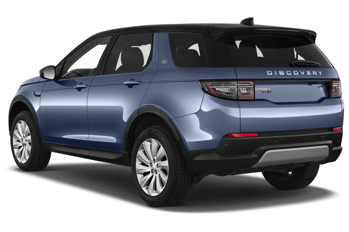 Schräge Heckansicht eines Land Rover Discovery Sport Plug-in-Hybrid, freigestellt