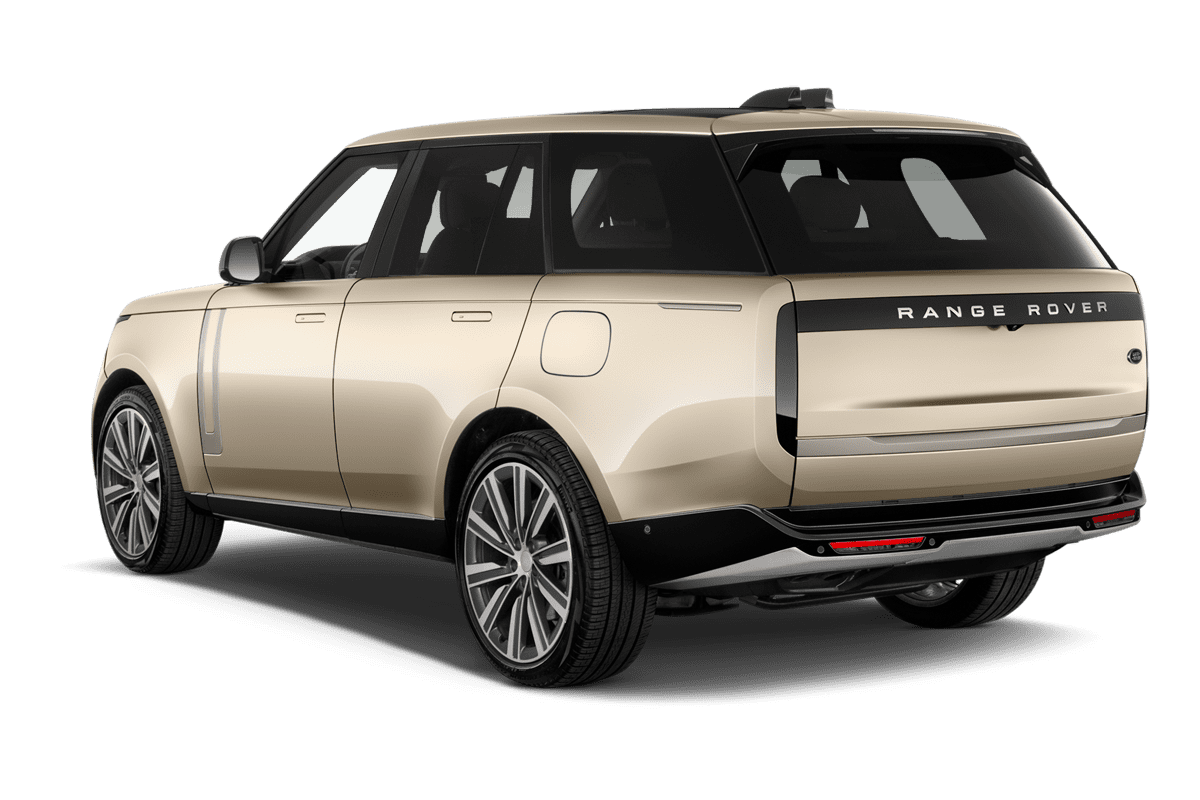 Schräge Heckansicht eines Land Rover Range Rover Plug-in-Hybrid , freigestellt