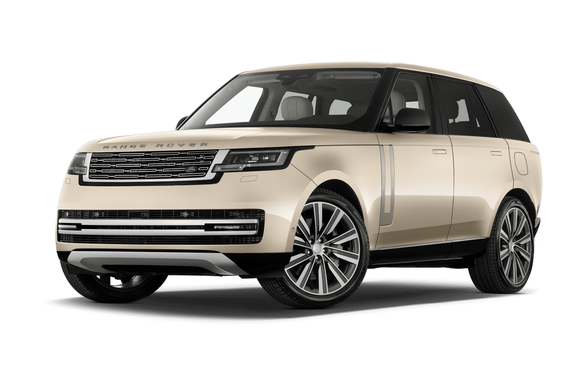Tiefe, schräge Heckansicht eines Land Rover Range Rover Plug-in-Hybrid , freigestellt
