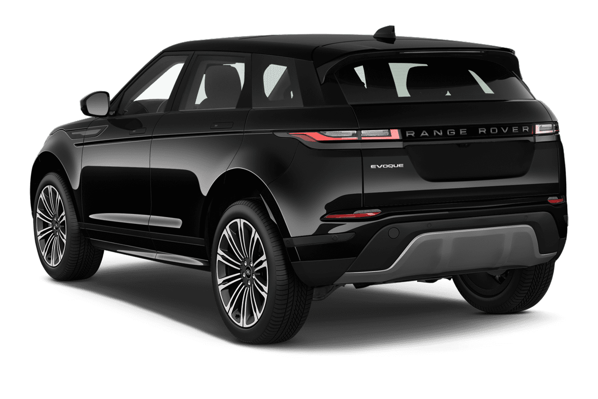 Schräge Heckansicht eines Land Rover Range Rover Evoque Plug-In-Hybrid, freigestellt