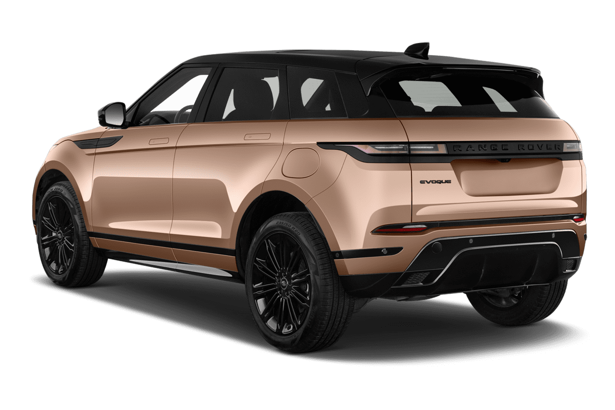 Schräge Heckansicht eines Land Rover Range Rover Evoque, freigestellt