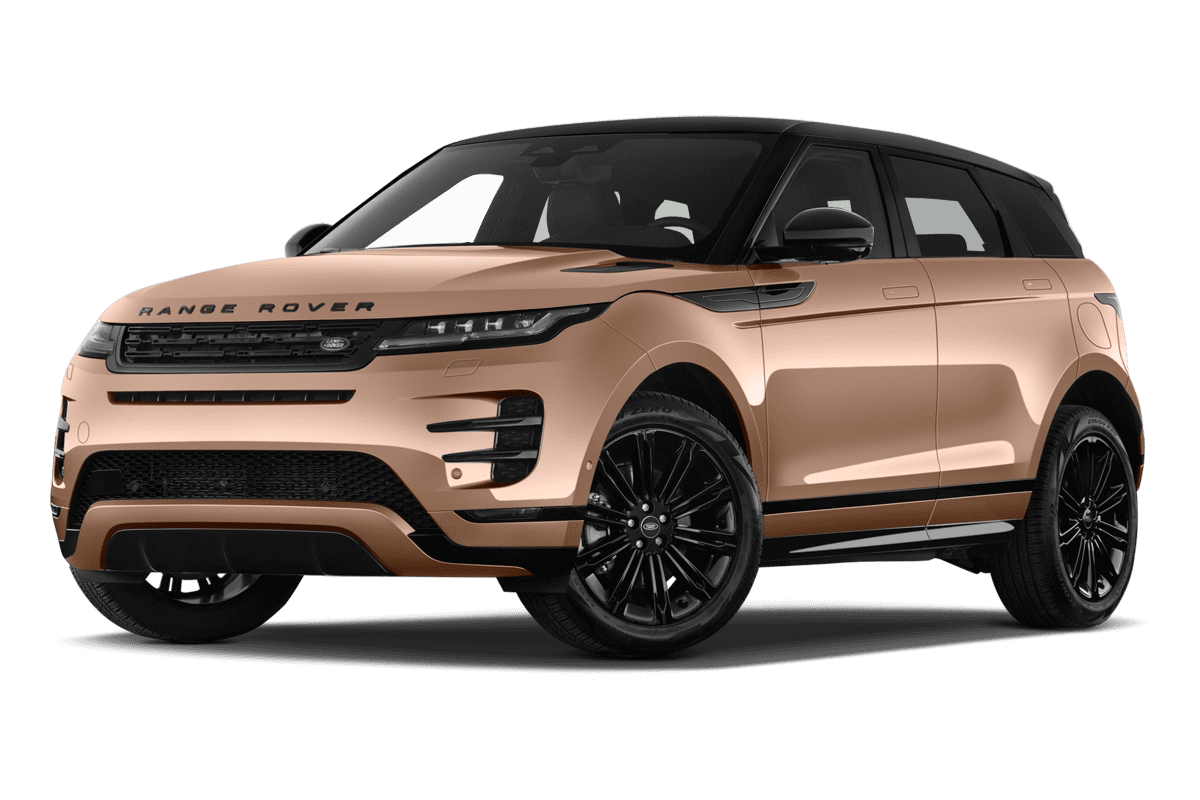 Tiefe, schräge Heckansicht eines Land Rover Range Rover Evoque, freigestellt