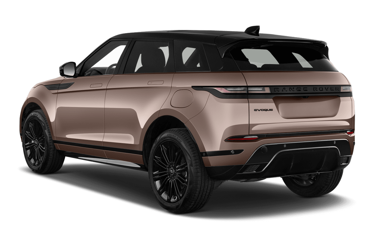 Schräge Heckansicht eines Land Rover Range Rover Evoque, freigestellt