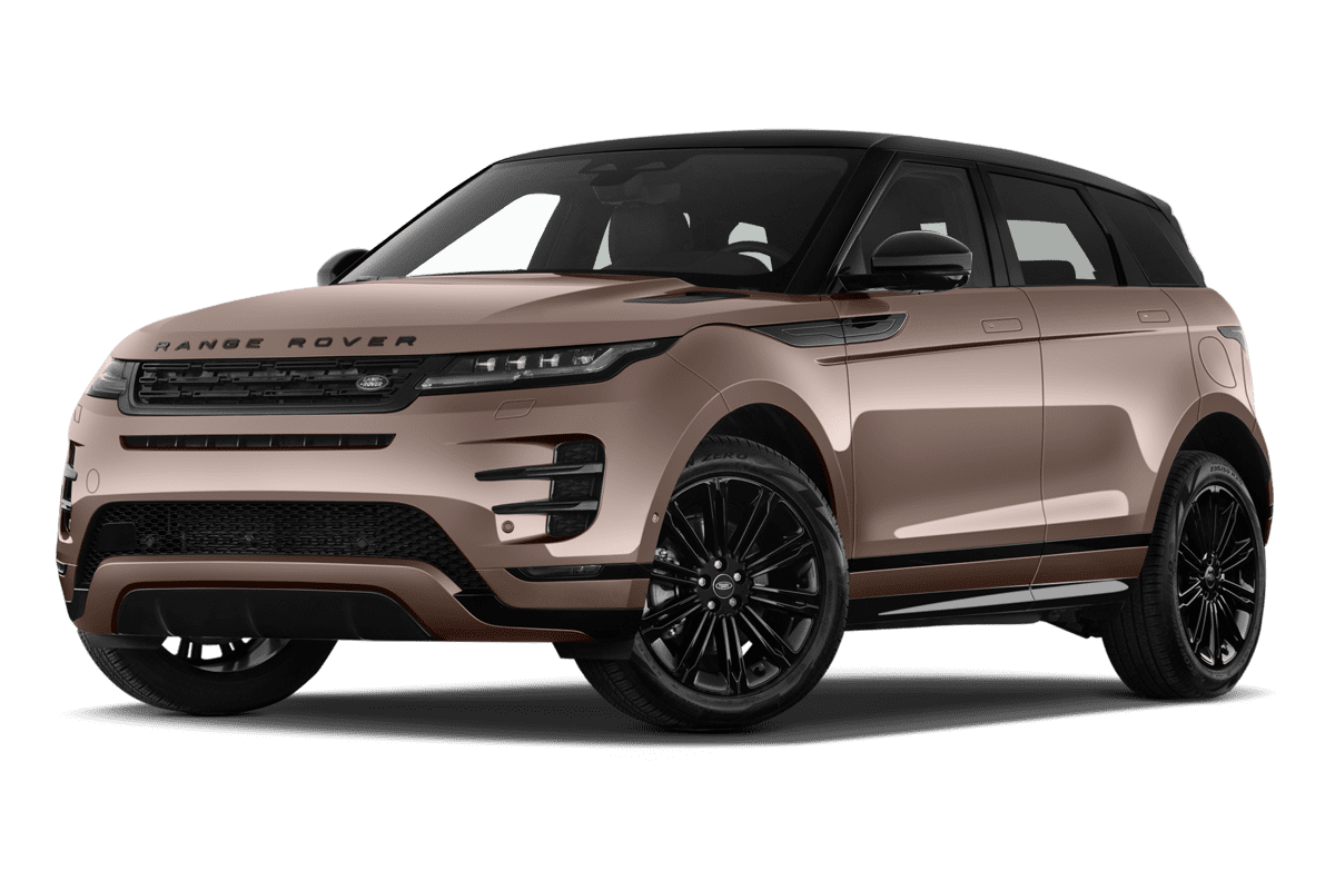 Tiefe, schräge Heckansicht eines Land Rover Range Rover Evoque, freigestellt