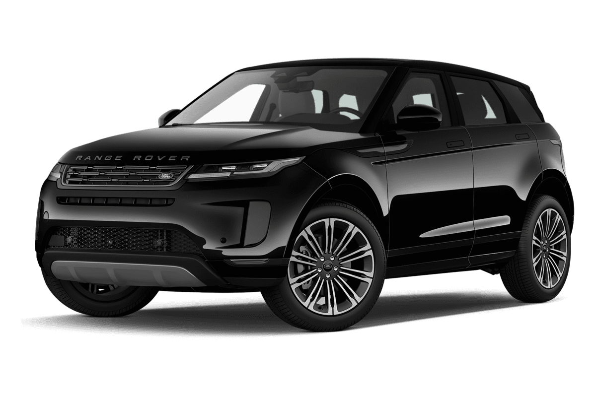 Tiefe, schräge Heckansicht eines Land Rover Range Rover Evoque, freigestellt