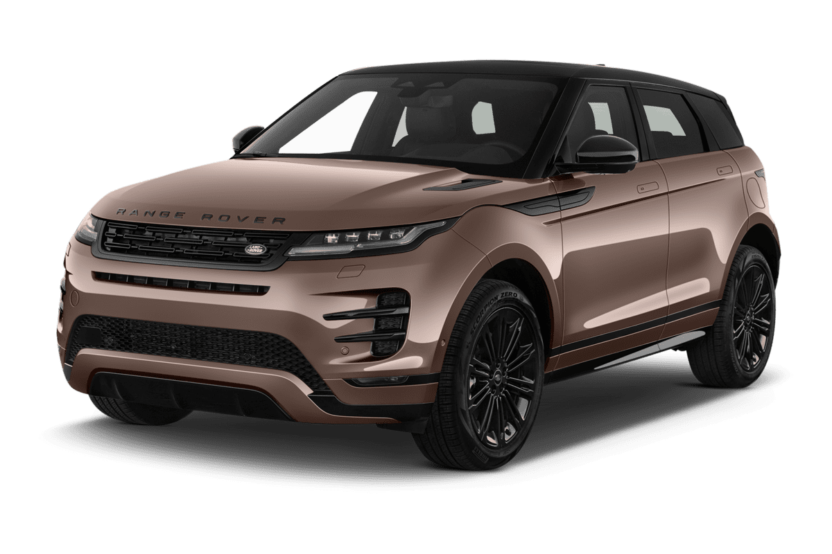 Schräge Frontansicht eines Land Rover Range Rover Evoque Plug-In-Hybrid, freigestellt