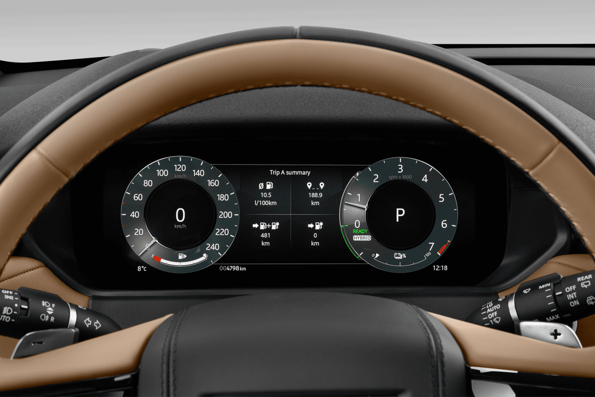 Kombiinstrument eines Land Rover Range Rover Velar Plug-in-Hybrid (KI-generiert)