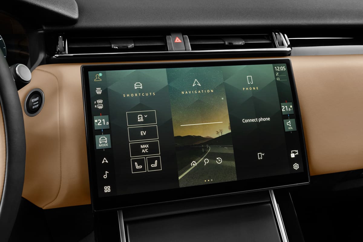 Mittelkonsole eines Land Rover Range Rover Velar Plug-in-Hybrid (KI-generiert)