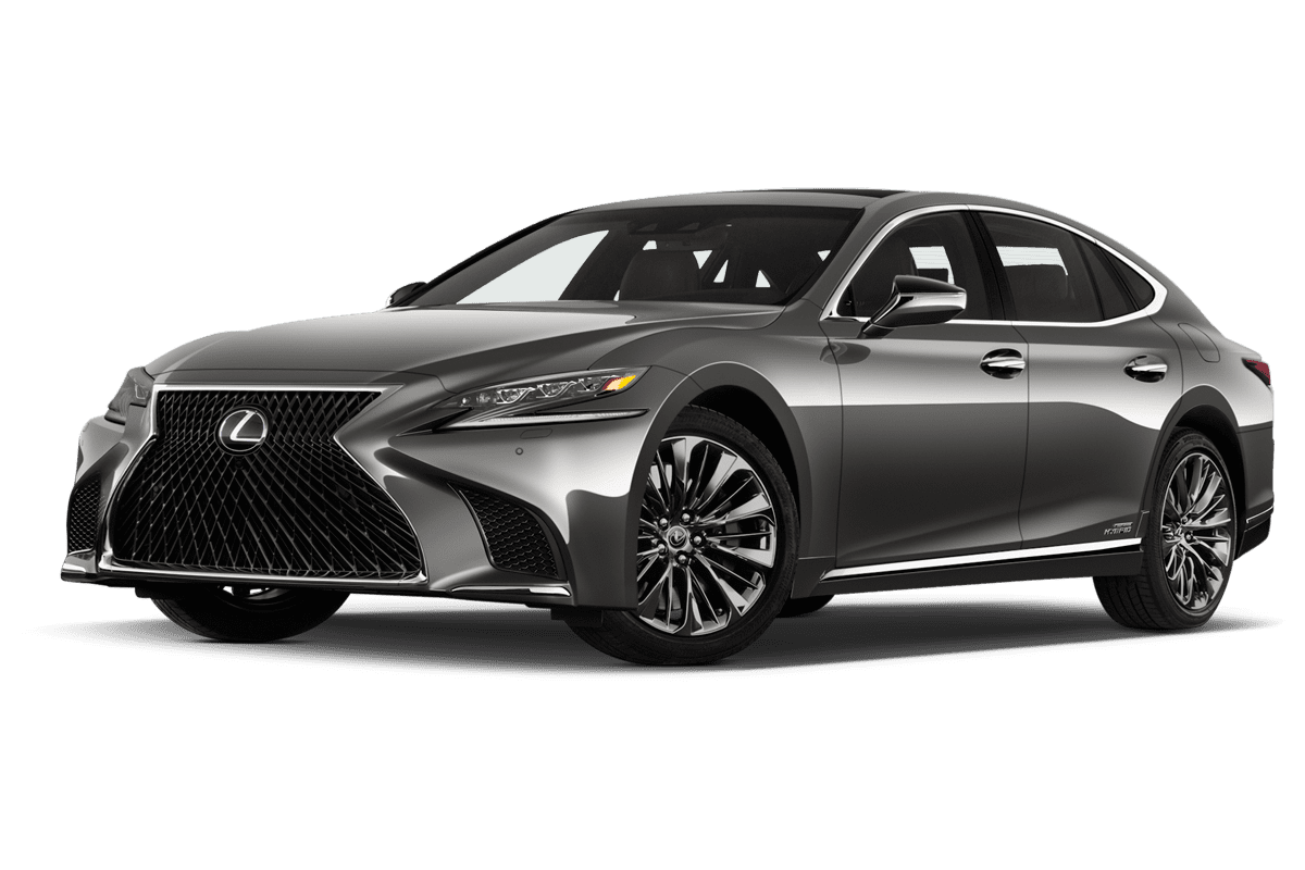 Tiefe, schräge Heckansicht eines Lexus LS Hybrid, freigestellt