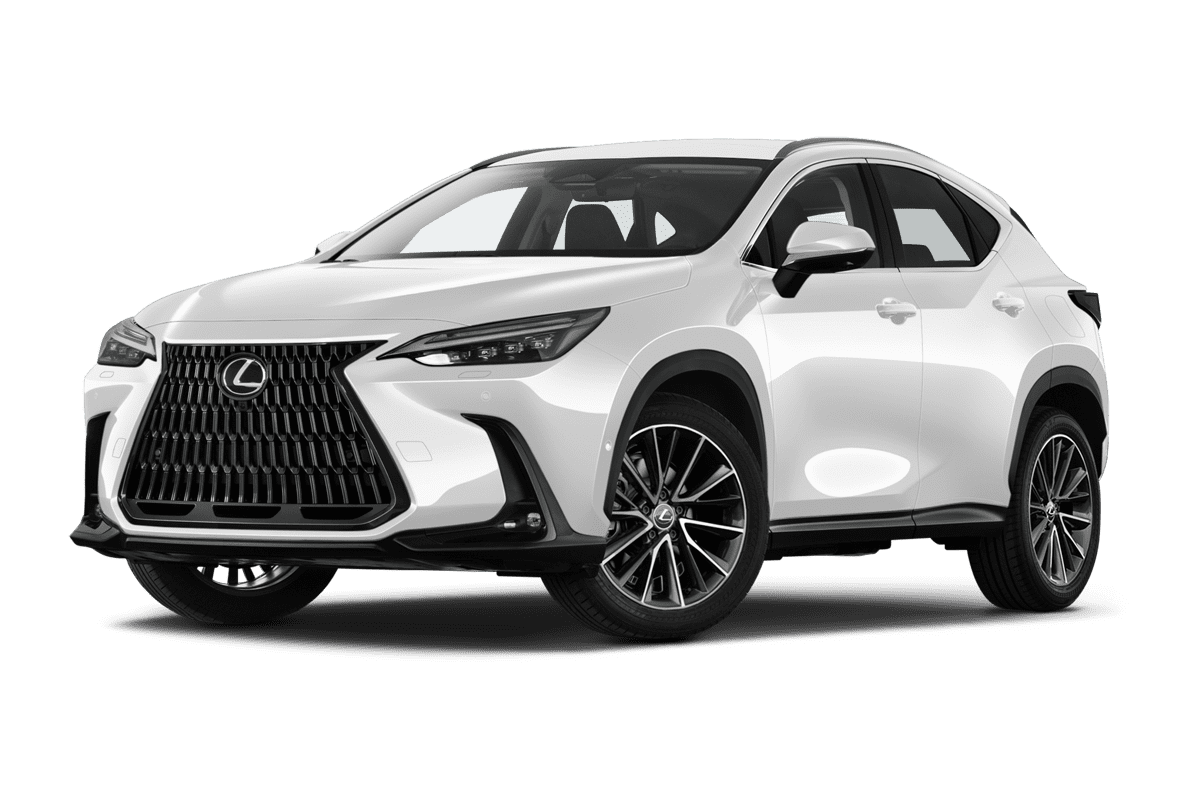 Tiefe, schräge Heckansicht eines Lexus NX Hybrid, freigestellt