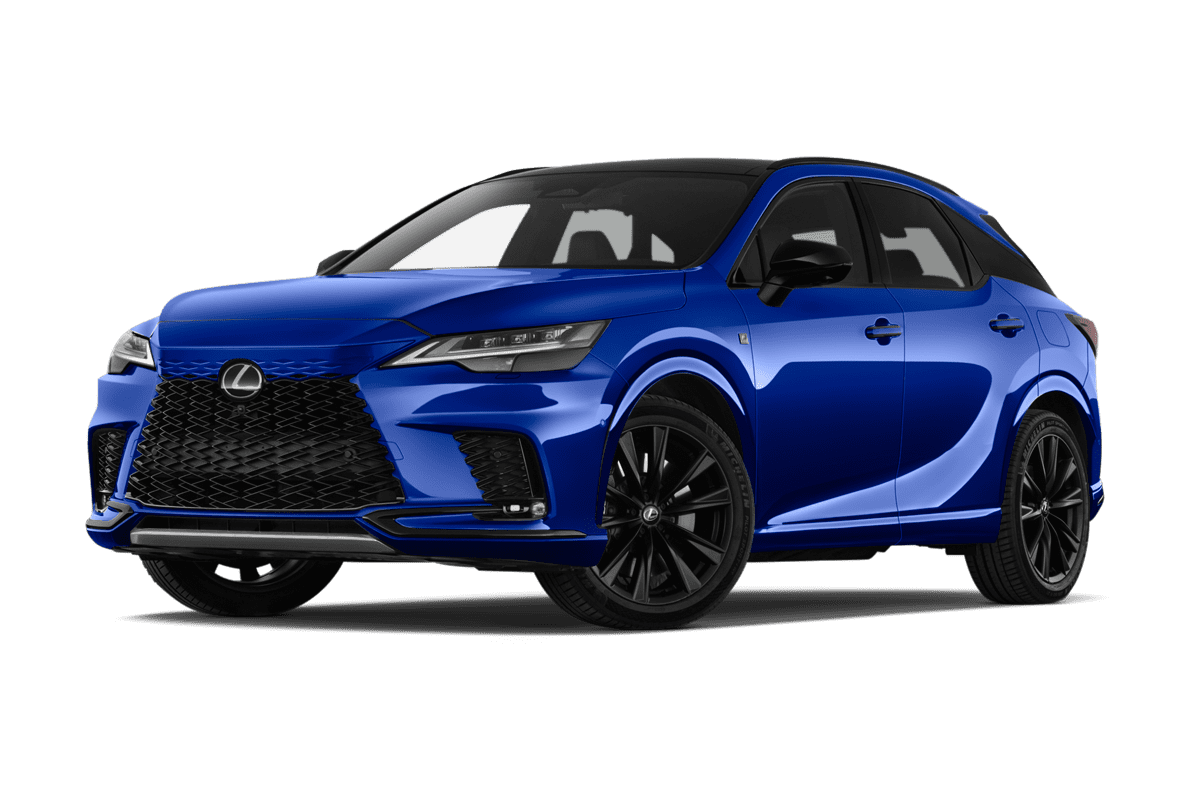 Tiefe, schräge Heckansicht eines Lexus RX Hybrid, freigestellt