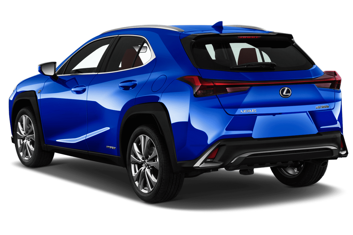 Schräge Heckansicht eines Lexus UX Elektro, freigestellt