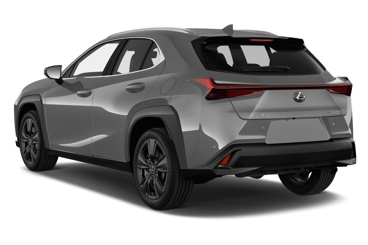 Schräge Heckansicht eines Lexus UX Hybrid, freigestellt