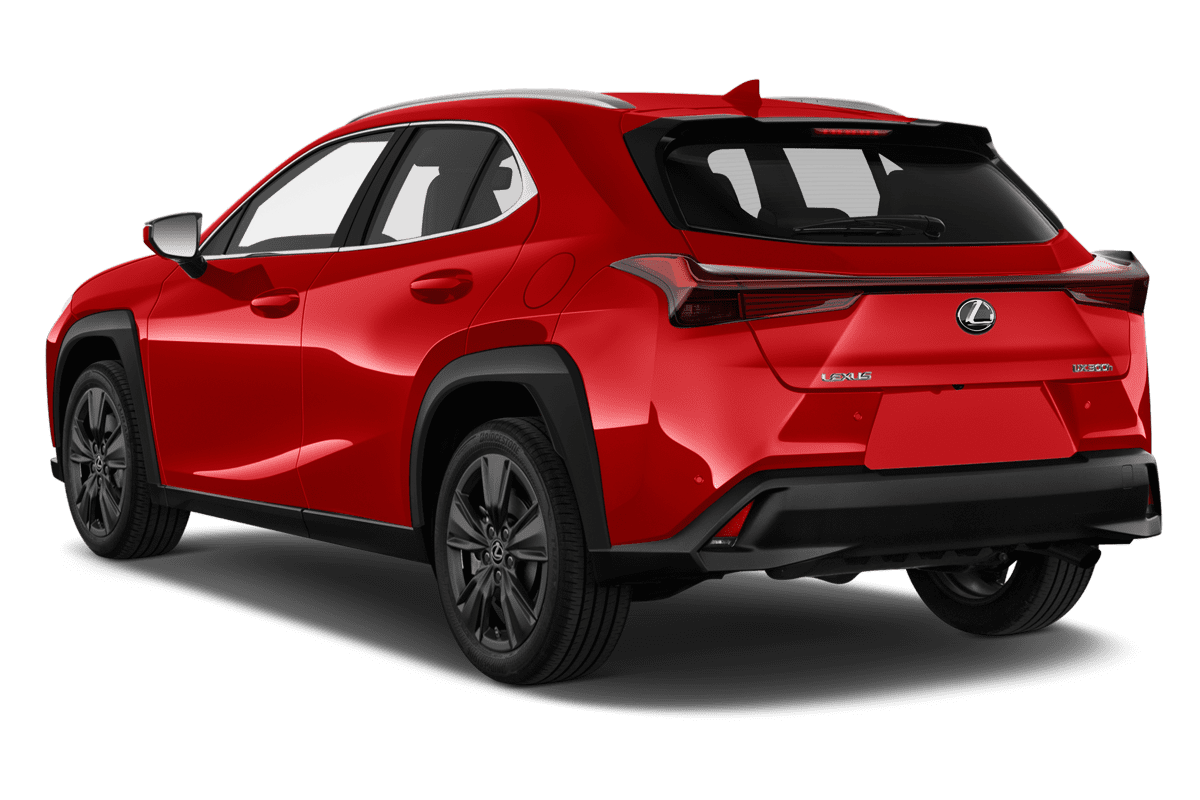 Schräge Heckansicht eines Lexus UX Hybrid , freigestellt