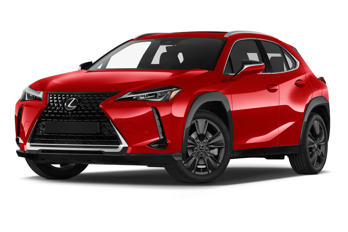 Tiefe, schräge Heckansicht eines Lexus UX Hybrid , freigestellt