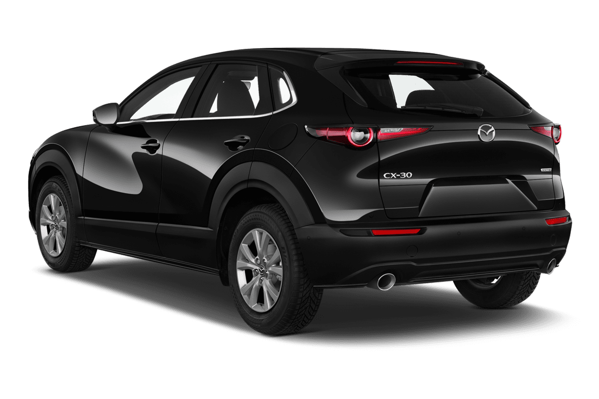 Schräge Heckansicht eines Mazda CX-30, freigestellt