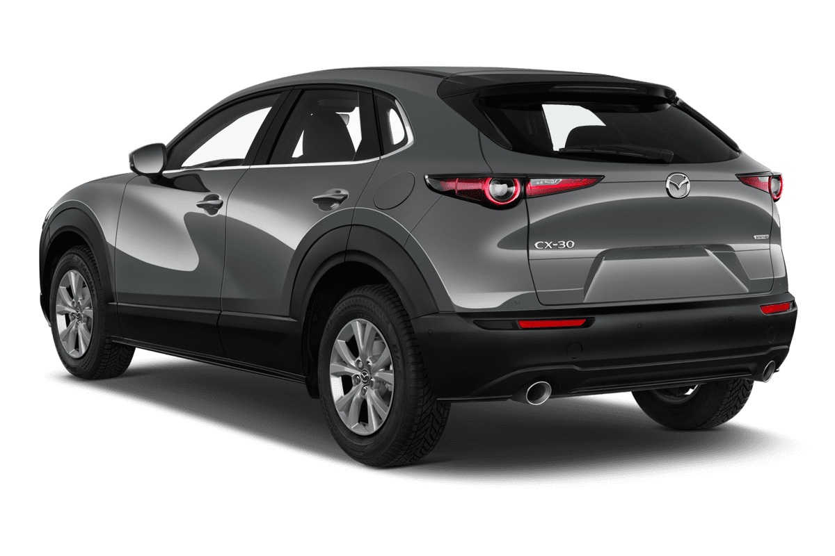 Schräge Heckansicht eines Mazda CX-30 (neues Modell), freigestellt