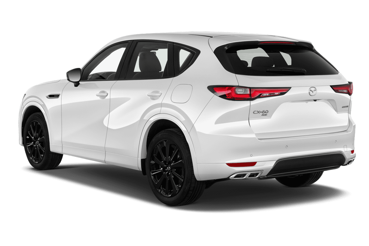 Schräge Heckansicht eines Mazda CX-60 Plug-in Hybrid , freigestellt
