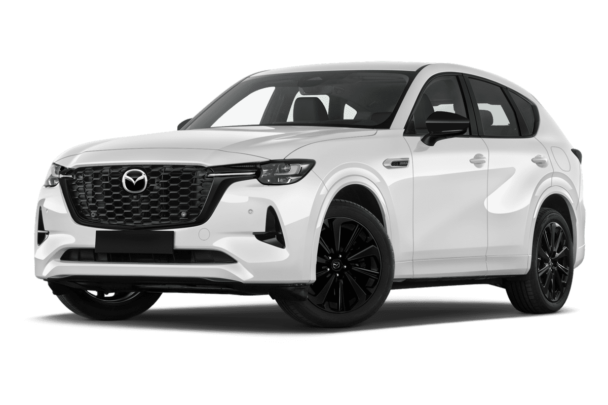 Tiefe, schräge Heckansicht eines Mazda CX-60 Plug-in Hybrid , freigestellt