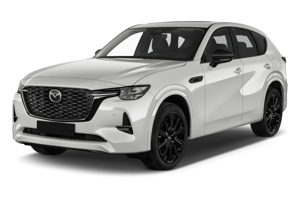 Schräge Frontansicht eines Mazda CX-60 Plug-in Hybrid , freigestellt