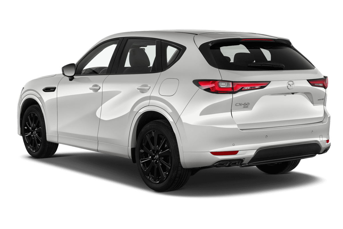 Schräge Heckansicht eines Mazda CX-60 Plug-in Hybrid , freigestellt (KI-generiert)