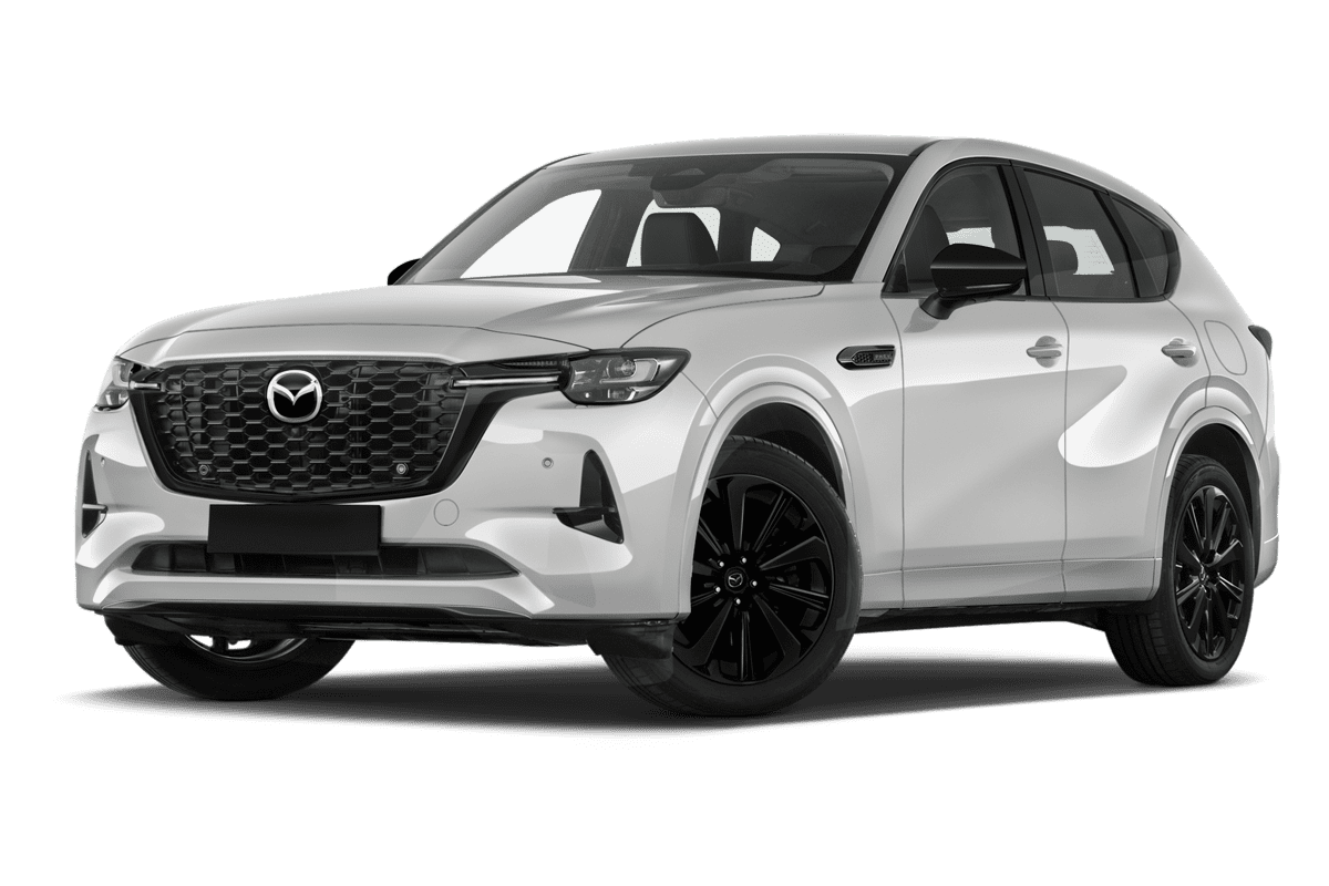 Tiefe, schräge Heckansicht eines Mazda CX-60 Plug-in Hybrid , freigestellt (KI-generiert)
