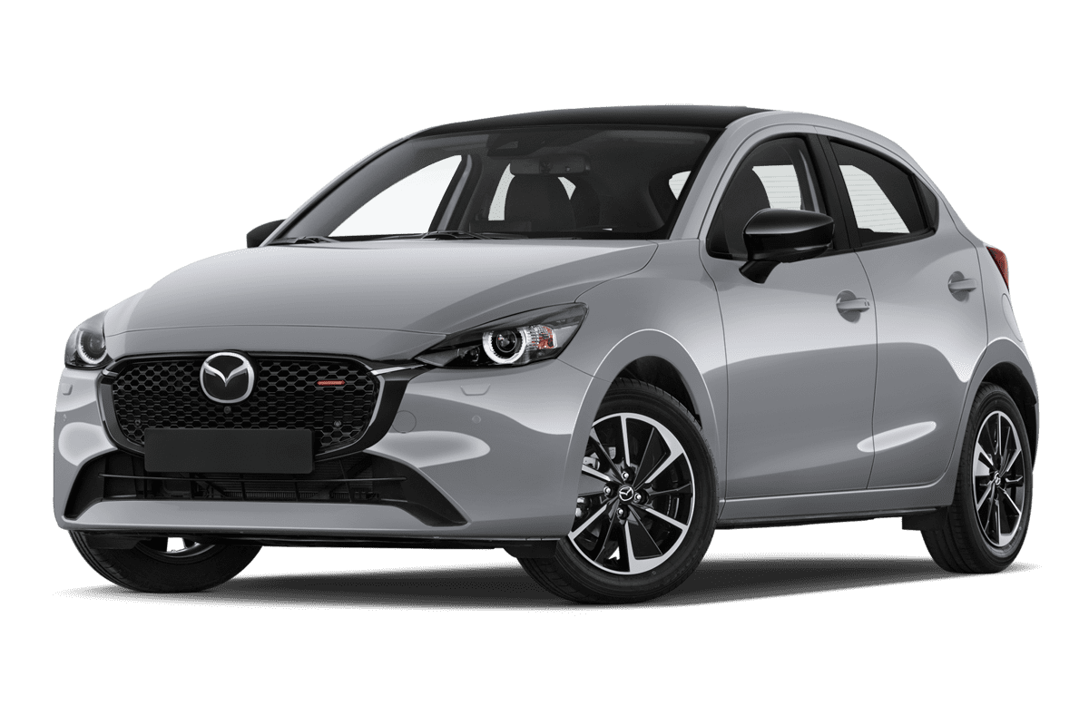 Tiefe, schräge Heckansicht eines Mazda 2, freigestellt