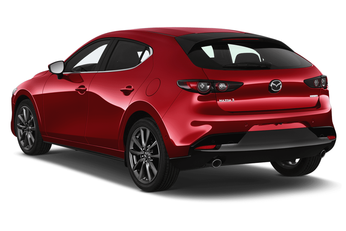Schräge Heckansicht eines Mazda 3 5-Türer, freigestellt