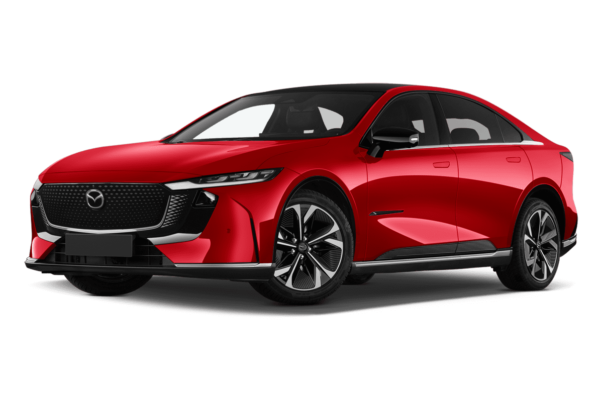 Tiefe, schräge Heckansicht eines Mazda 6e, freigestellt (KI-generiert)