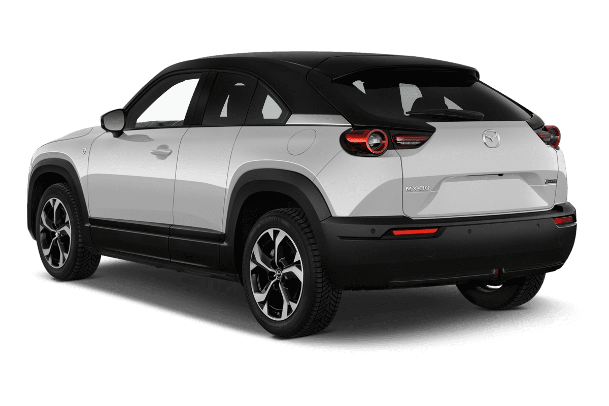 Schräge Heckansicht eines Mazda MX-30, freigestellt