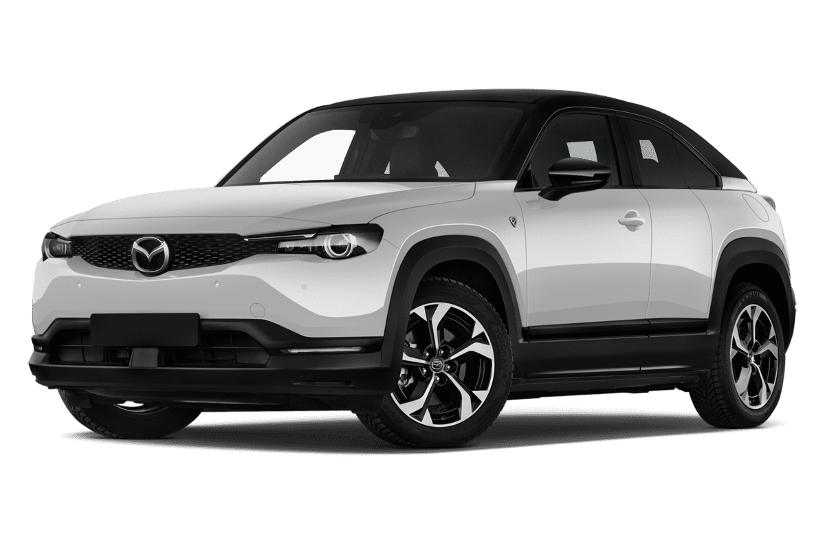 Tiefe, schräge Heckansicht eines Mazda MX-30, freigestellt