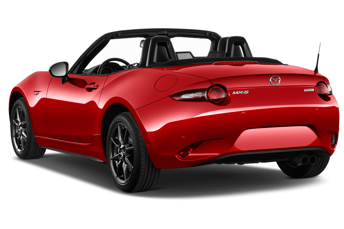 Schräge Heckansicht eines Mazda MX-5 Roadster, freigestellt