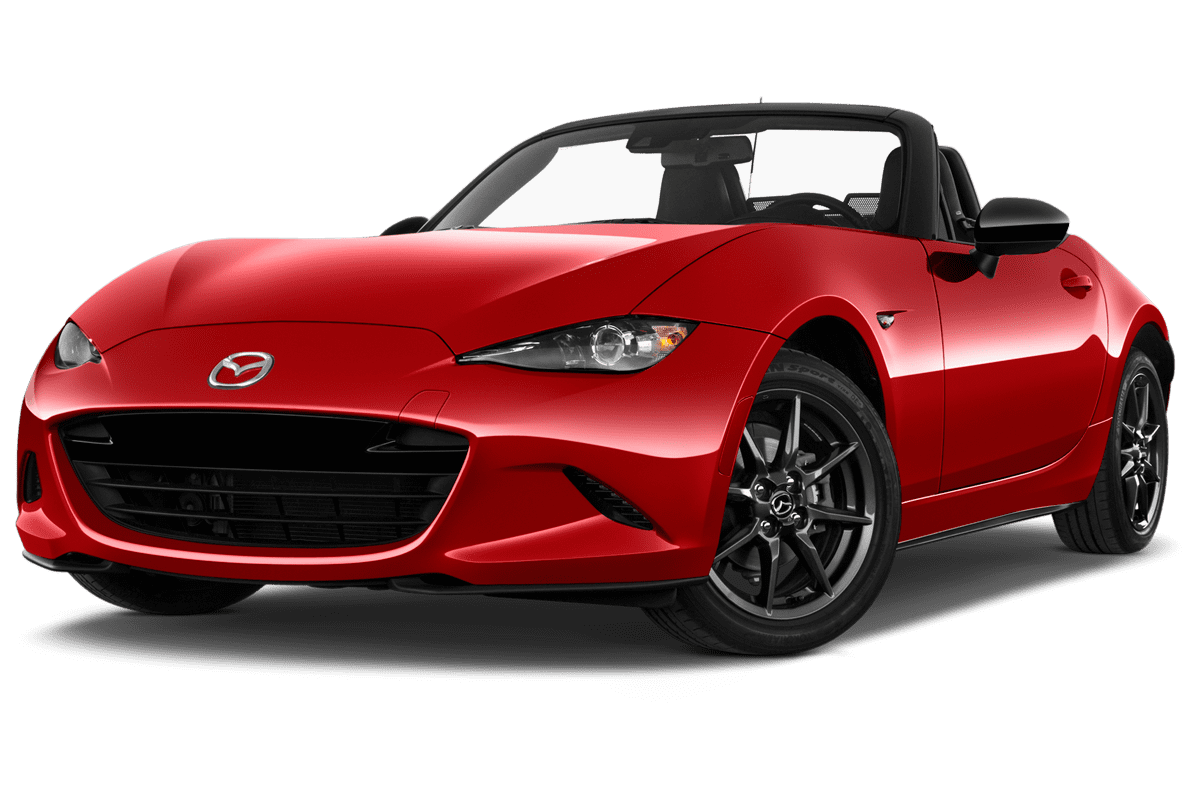 Tiefe, schräge Heckansicht eines Mazda MX-5 Roadster, freigestellt