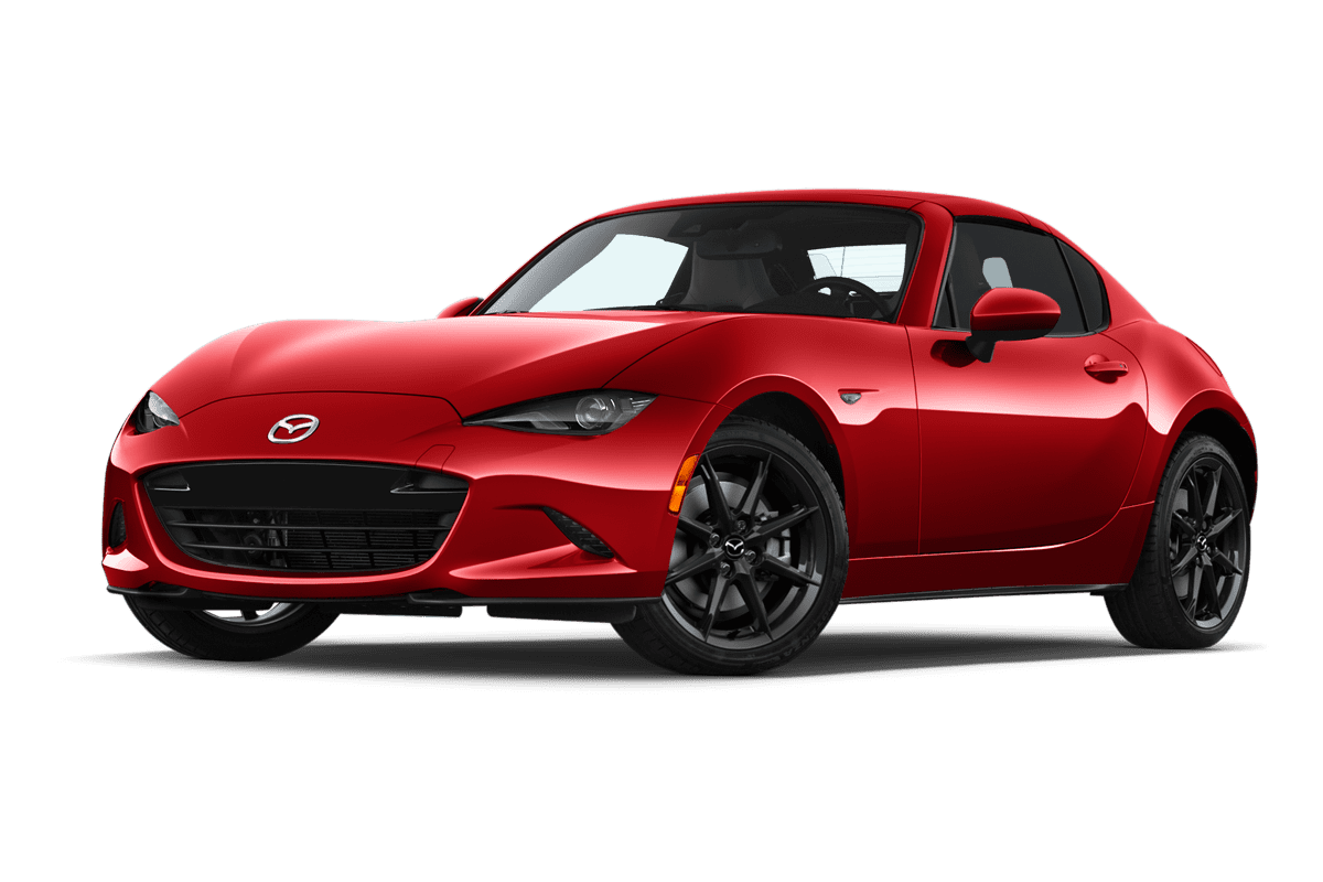 Tiefe, schräge Heckansicht eines Mazda MX-5 RF, freigestellt