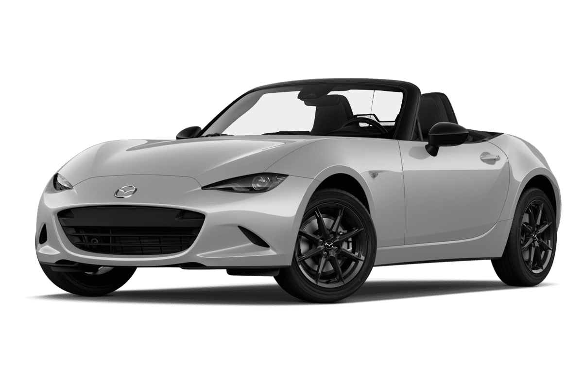 Tiefe, schräge Heckansicht eines Mazda MX-5 Roadster, freigestellt