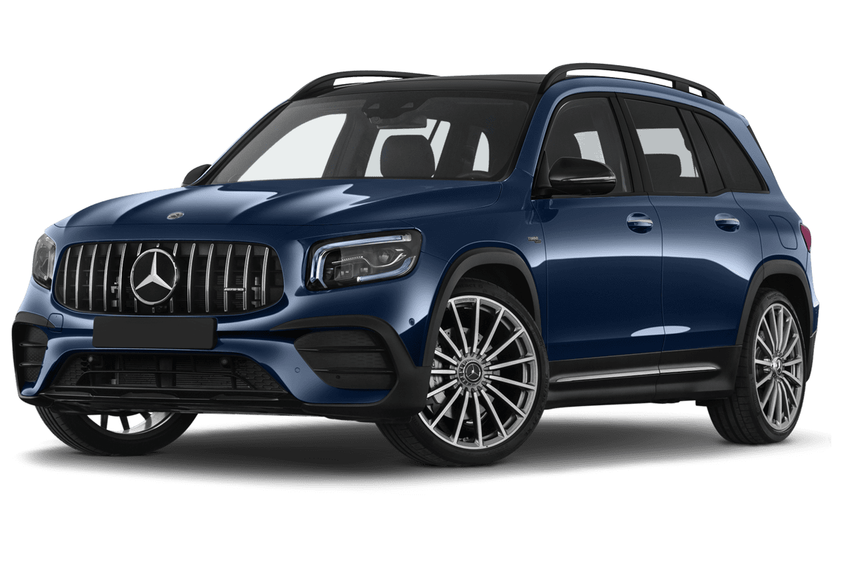 Tiefe, schräge Heckansicht eines Mercedes GLB, freigestellt