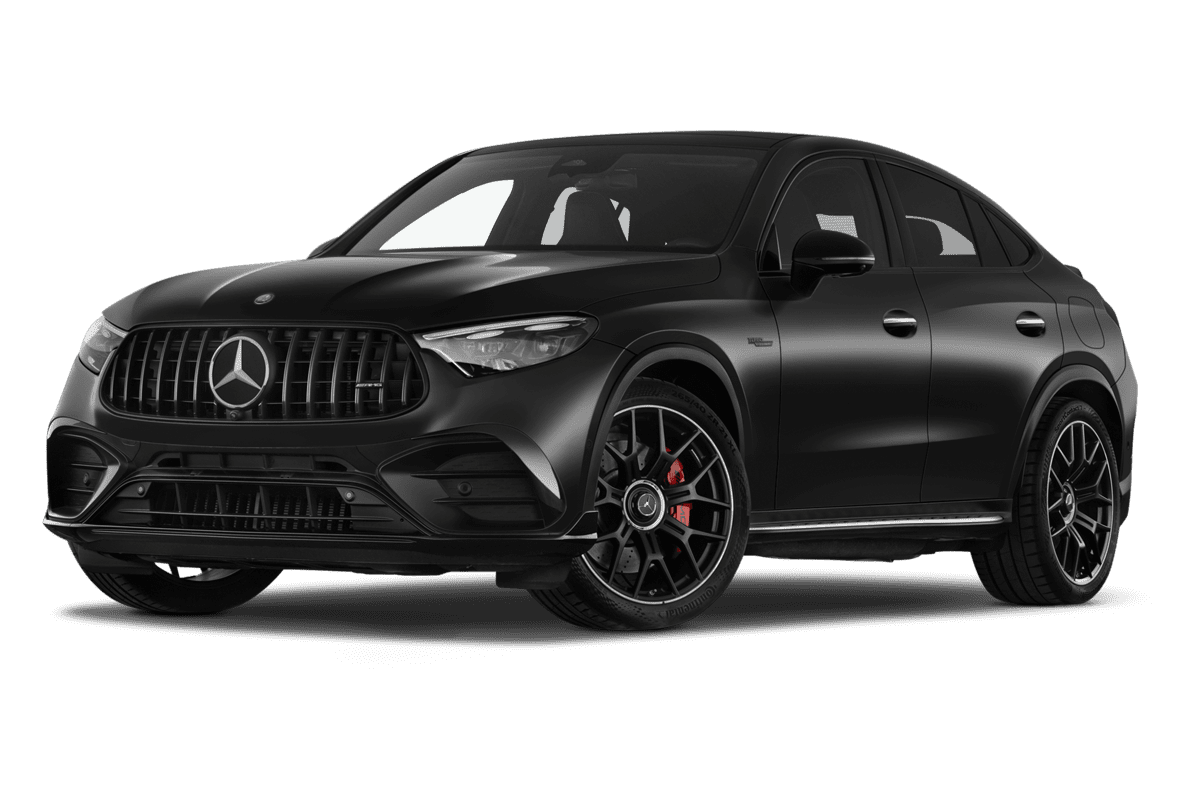 Tiefe, schräge Heckansicht eines Mercedes GLC Coupé, freigestellt