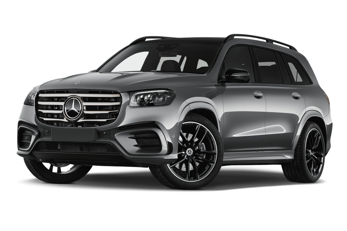 Tiefe, schräge Heckansicht eines Mercedes GLS, freigestellt