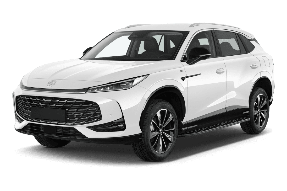 Schräge Frontansicht eines MG EHS Plug-in-Hybrid, freigestellt