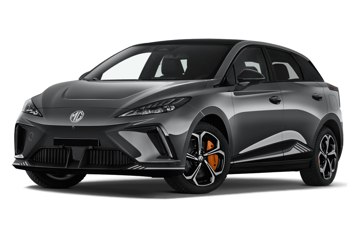 Tiefe, schräge Heckansicht eines MG MG4, freigestellt