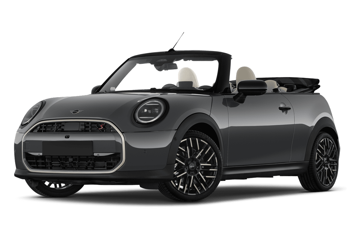 Tiefe, schräge Heckansicht eines MINI Cooper Cabrio , freigestellt
