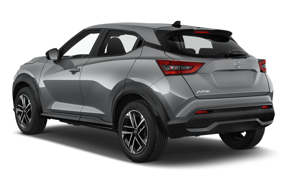 Schräge Heckansicht eines Nissan Juke (neues Modell), freigestellt (KI-generiert)