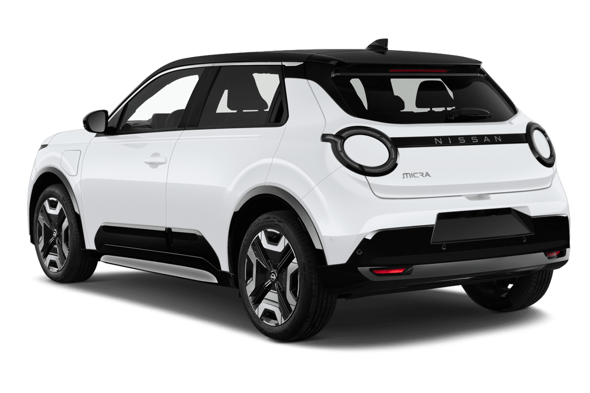 Schräge Heckansicht eines Nissan Micra BEV (neues Modell), freigestellt