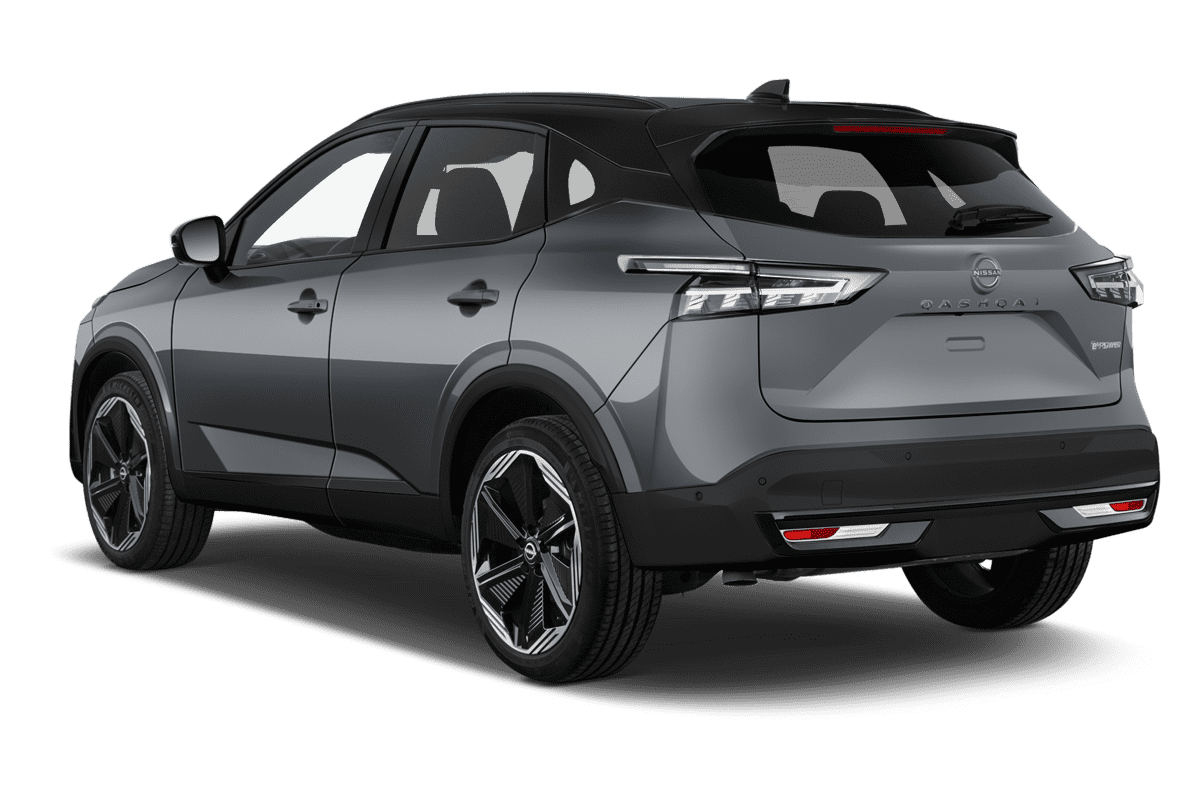 Schräge Heckansicht eines Nissan Qashqai , freigestellt (KI-generiert)
