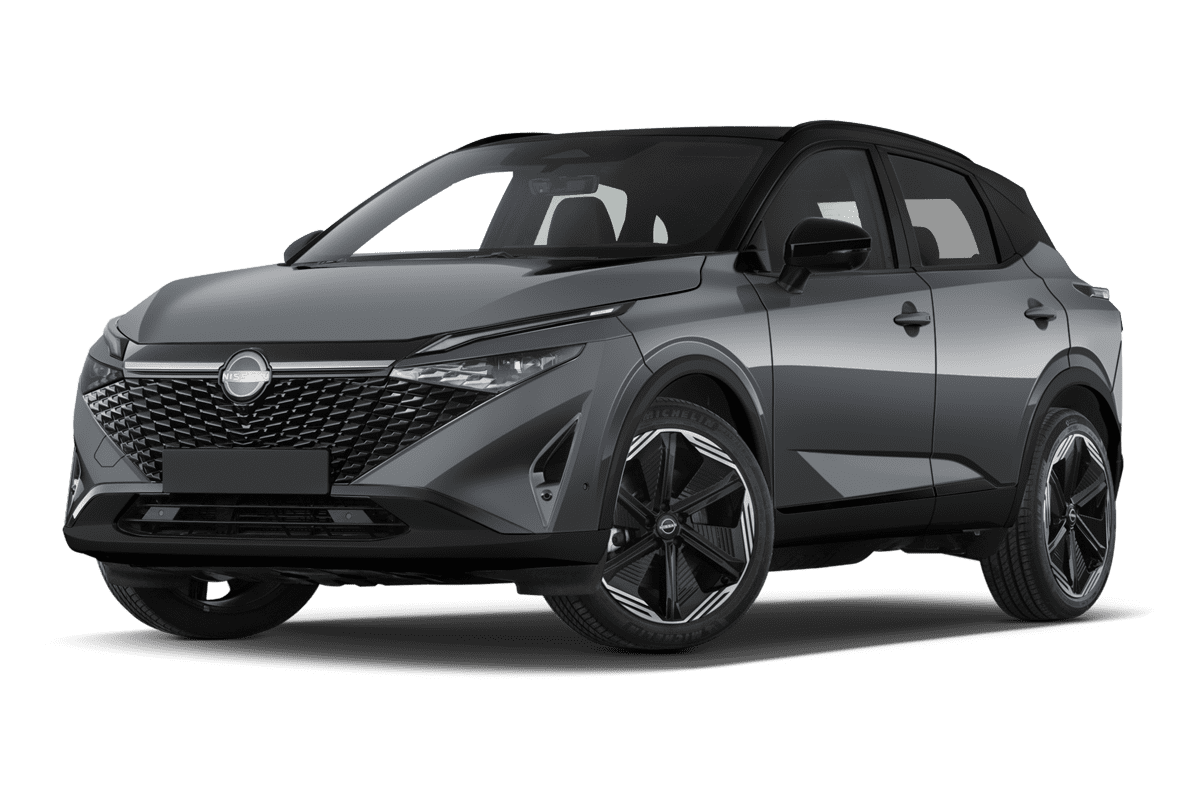 Tiefe, schräge Heckansicht eines Nissan Qashqai , freigestellt (KI-generiert)