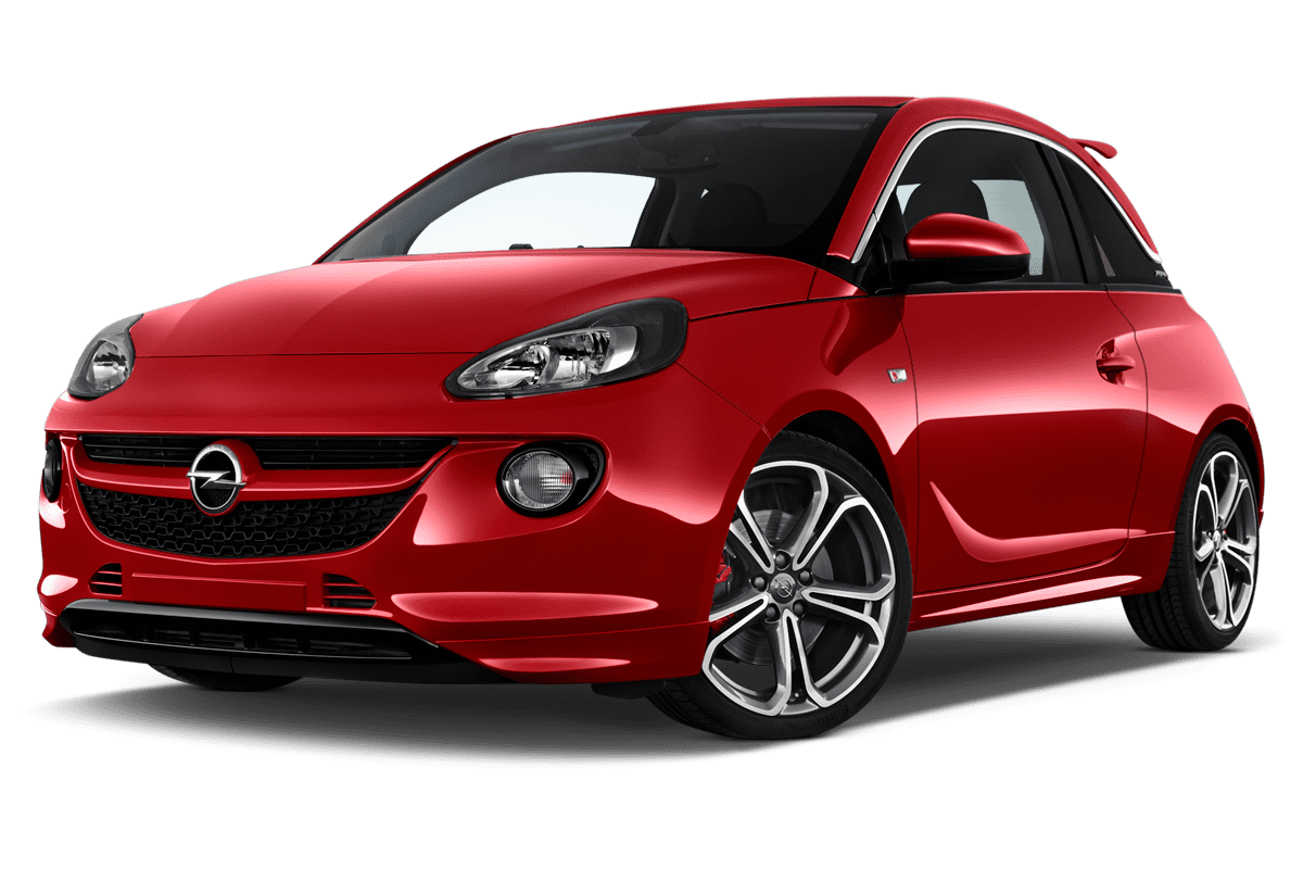 Tiefe, schräge Heckansicht eines Opel Adam, freigestellt