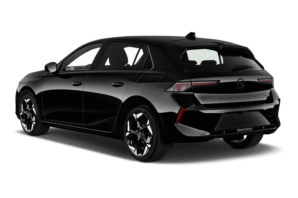 Schräge Heckansicht eines Opel Astra Plug-in-Hybrid , freigestellt