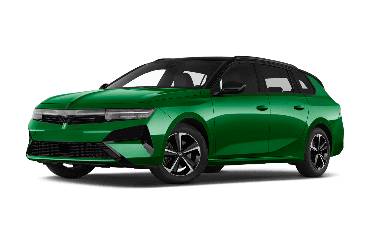 Tiefe, schräge Heckansicht eines Opel Astra Sports Tourer , freigestellt (KI-generiert)