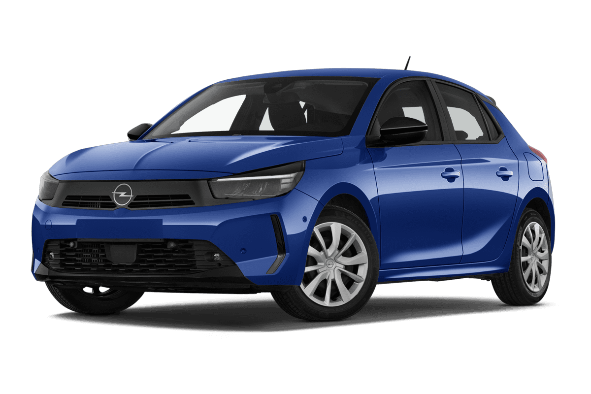 Tiefe, schräge Heckansicht eines Opel Corsa, freigestellt